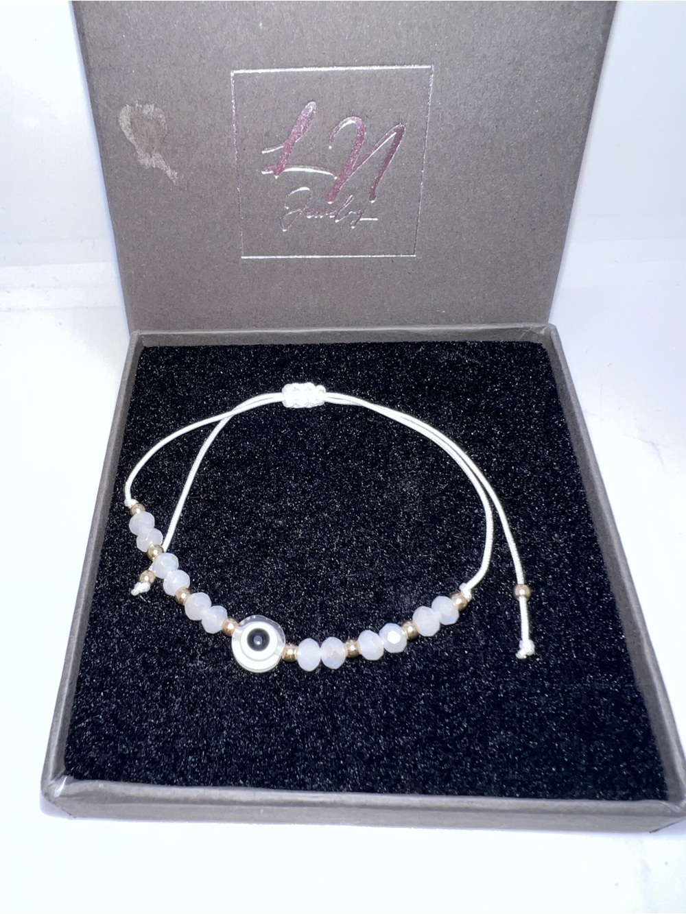 New White Adjustable Beaded Evil Eye Bracelet ~ Never Worn!